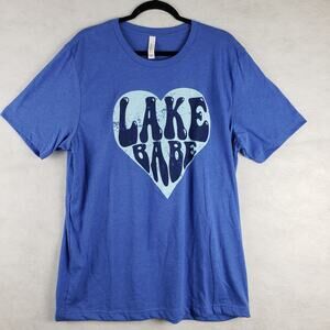 Women's XL Lake Babe Heart Graphic Tee Shirt Blue Distressed Bubble Print Lounge